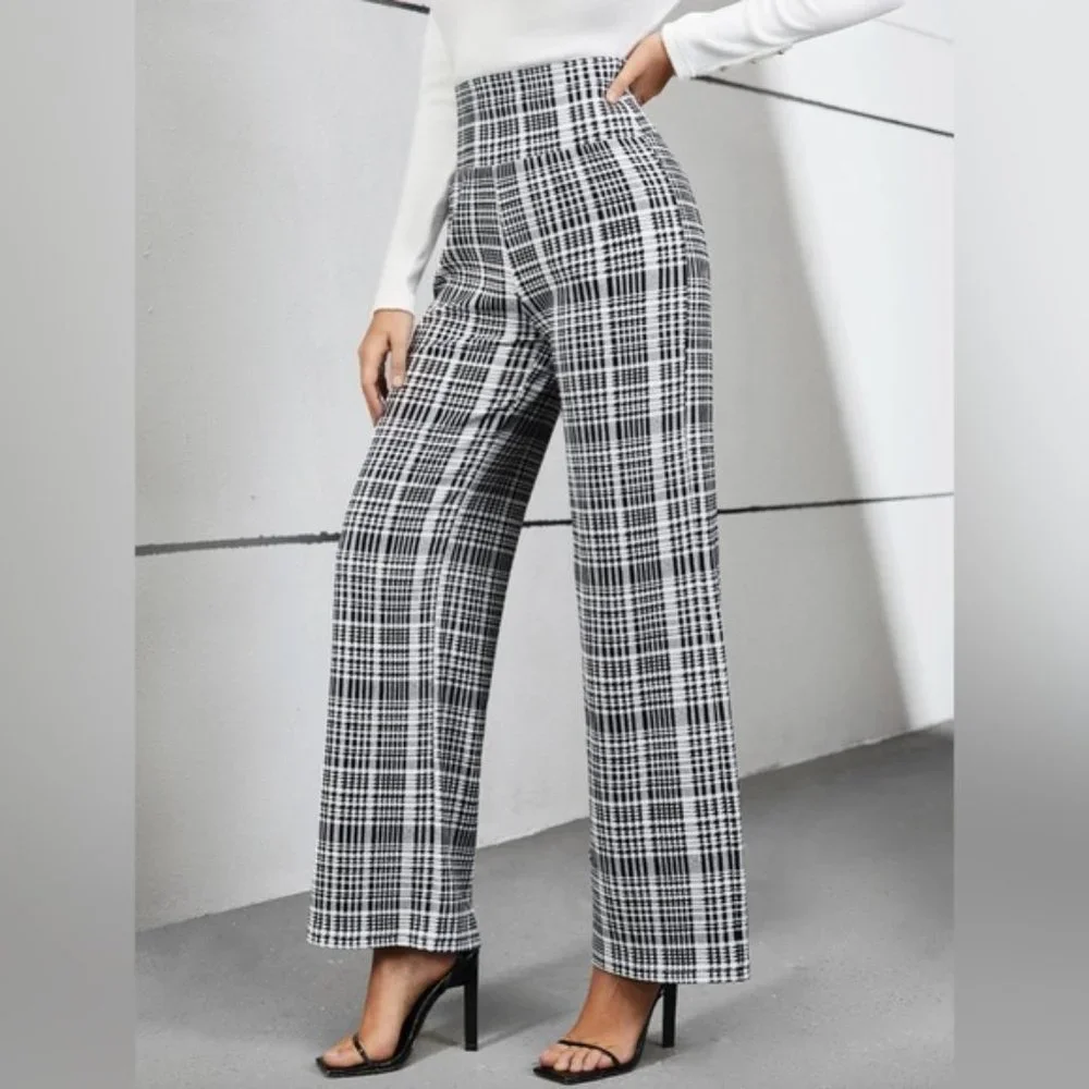 High Waist Plaid Wide Leg Pants_4